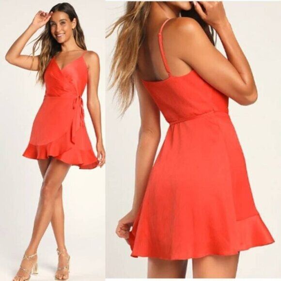 Lulus Satin Wrap Mini Dress Ruffled Hem Red Bodice Cocktail Party - Picture 2 of 10